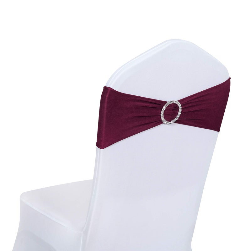 Obstal 50 PCS Spandex Stretch Chair Sashes Bows for Wedding Reception- Universal Elastic Chair Cover Bands with Buckle Slider for Banquet, Party, Hotel Event Decorations Burgundy Sashes - Image 1
